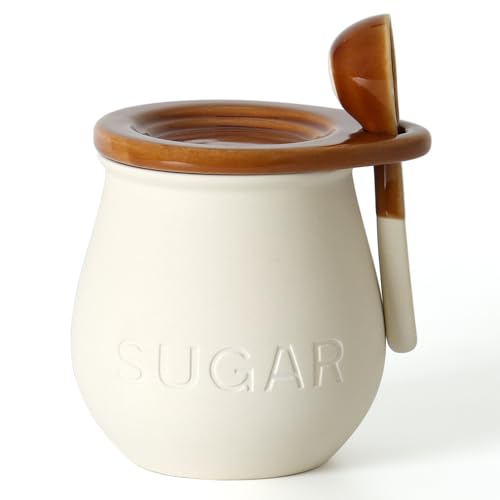 Cevostirva Ceramic Sugar Bowl with Lid and Spoon 16 Oz Sugar Container for Coffee Bar Decor Farmhouse Sugar Jar Sugar Dispenser Vintage Kitchen Decor and Accessories 1 Pack - Image 1