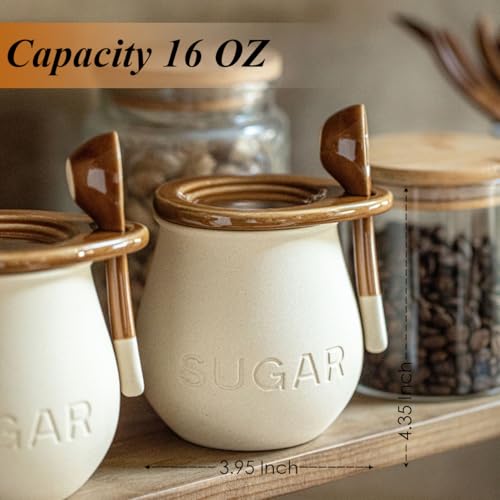 Cevostirva Ceramic Sugar Bowl with Lid and Spoon 16 Oz Sugar Container for Coffee Bar Decor Farmhouse Sugar Jar Sugar Dispenser Vintage Kitchen Decor and Accessories 1 Pack - Image 3