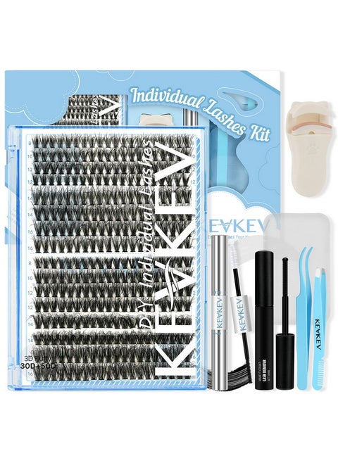 KevKev Lash Clusters Kit 3D Fluffy Cluster Lashes 30D+50D 320 Pcs DIY Lash Extensions Eyelash Clusters Glue Individual Lashes Remover Cluster Thin Band & Soft (Fluffy 30+50D Kit,D-8-16mix)