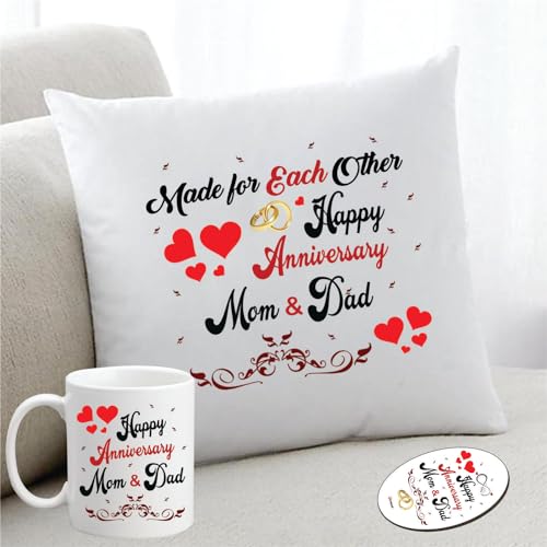 PICRAZEE Celebrate Your Parents' Love: “Made for Each Other” Anniversary Combo (Set of Printed 12x12 inch Satin Cushion with Filler, Ceramic Mug, Fridge Magnet) - Image 1