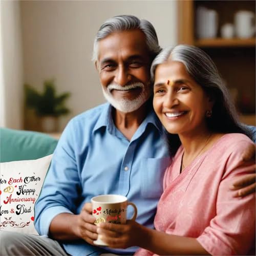 PICRAZEE Celebrate Your Parents' Love: “Made for Each Other” Anniversary Combo (Set of Printed 12x12 inch Satin Cushion with Filler, Ceramic Mug, Fridge Magnet) - Image 2
