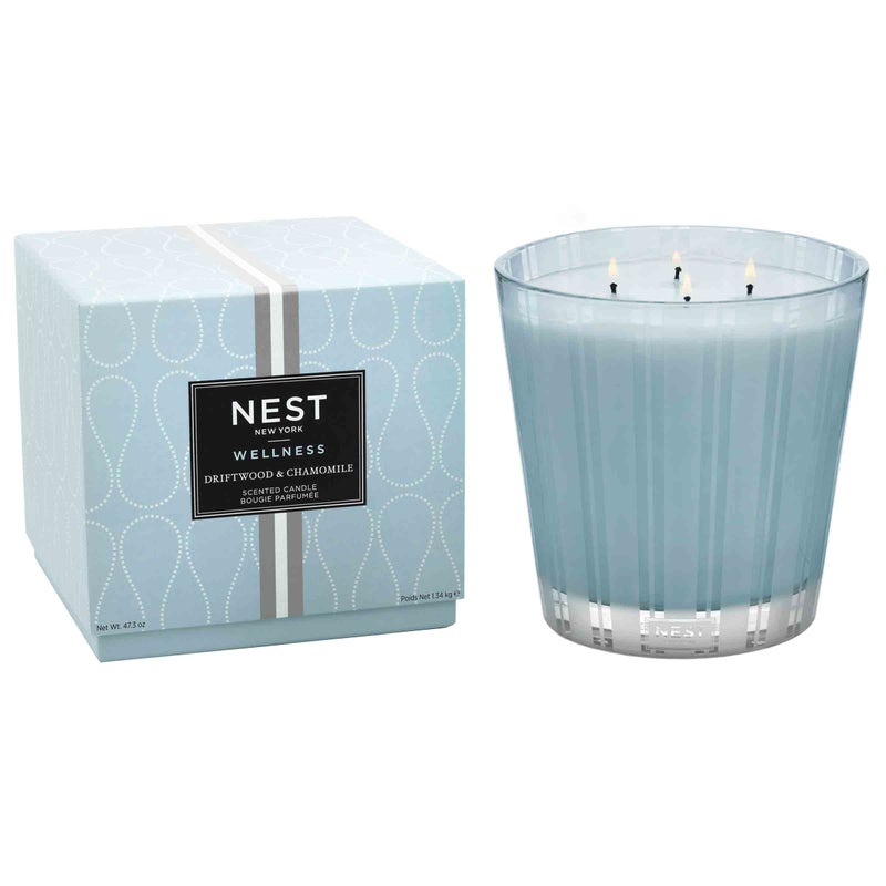 Nest New York NEST New York Scented Luxury 4Wick Candle Driftwood  Chamomile  437 oz  Up to 120Hour Burn Time  Reusable Glass Vessel 