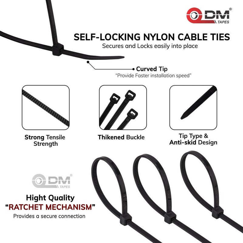 DM TAPES Nylon Self Locking Cable Ties, Black (300mm 4.8 mm, 12 inch, Pack of 100) - Heavy Duty Strong Zip Wire Fastener Organizer Tie - Image 3