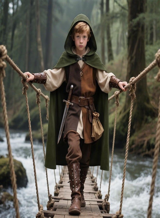 VZQI Hooded Cape for Kids Renaissance Cloak Boys Medieval Halloween Witch Costume Wizard Cape Green 3'11''-4'7'' - Image 5