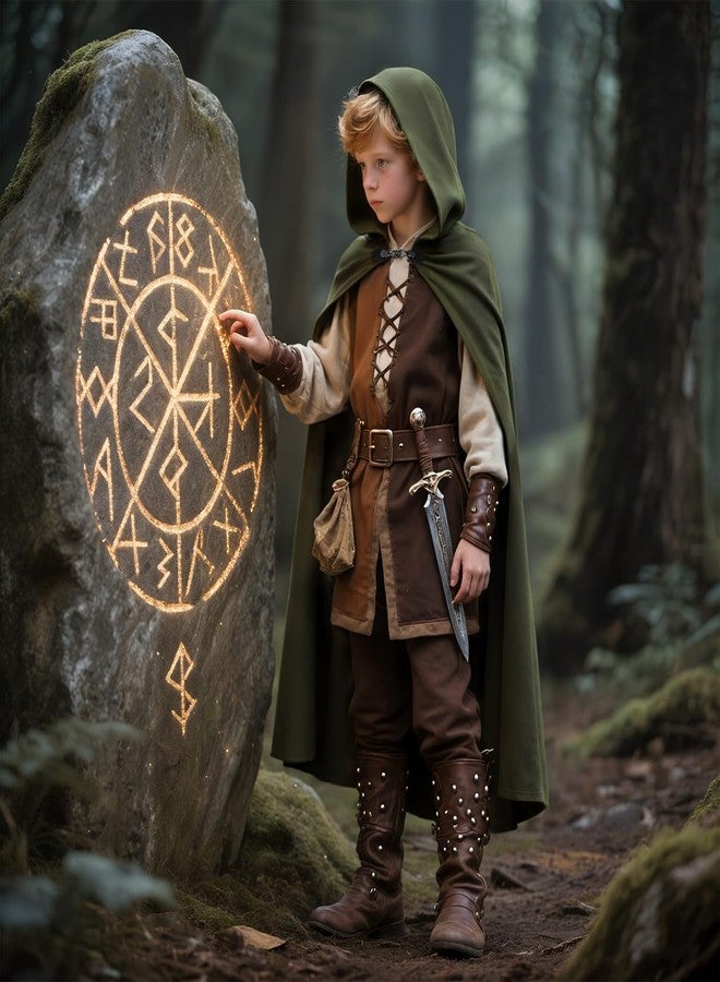 VZQI Hooded Cape for Kids Renaissance Cloak Boys Medieval Halloween Witch Costume Wizard Cape Green 3'11''-4'7'' - Image 4