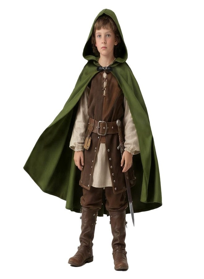 VZQI Hooded Cape for Kids Renaissance Cloak Boys Medieval Halloween Witch Costume Wizard Cape Green 3'11''-4'7'' - Image 1