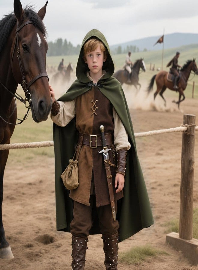 VZQI Hooded Cape for Kids Renaissance Cloak Boys Medieval Halloween Witch Costume Wizard Cape Green 3'11''-4'7'' - Image 2