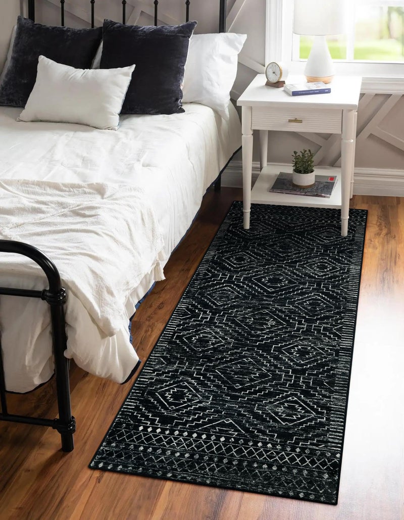 Wonnitar Wonnitar Washable Kitchen Runner Rug 2x6  Moroccan Black Runners for Hallway  Non Slip Bohemian Soft Bathroom Throw Mat Geometric Carpet Runner for Laundry Entryway Bedroom (Black 2'x6')  - Image 4