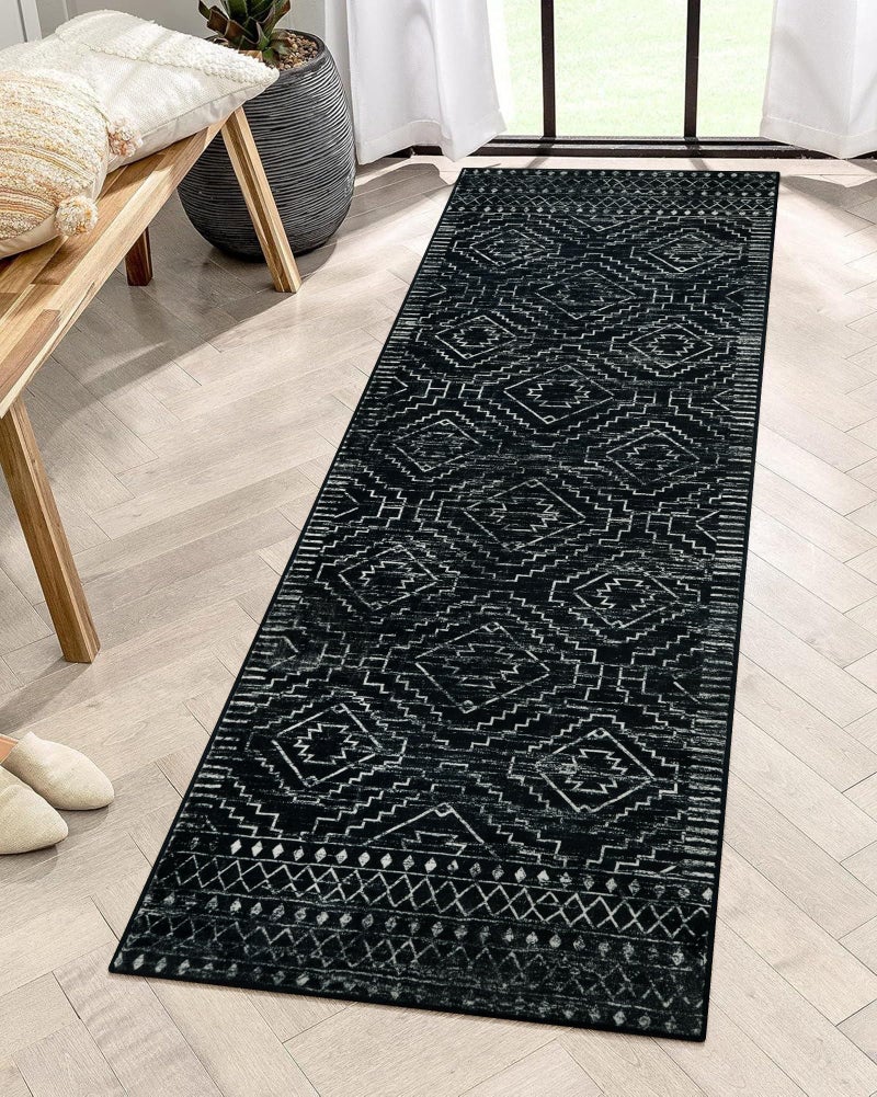 Wonnitar Wonnitar Washable Kitchen Runner Rug 2x6  Moroccan Black Runners for Hallway  Non Slip Bohemian Soft Bathroom Throw Mat Geometric Carpet Runner for Laundry Entryway Bedroom (Black 2'x6')  - Image 1