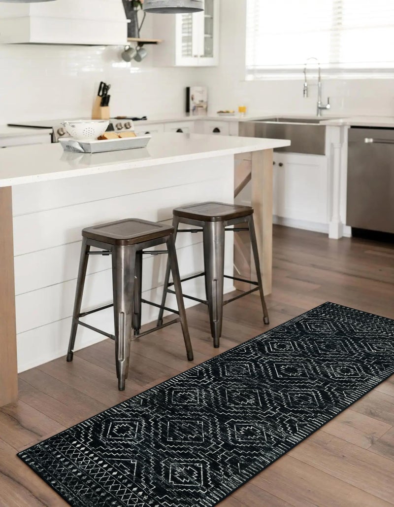 Wonnitar Wonnitar Washable Kitchen Runner Rug 2x6  Moroccan Black Runners for Hallway  Non Slip Bohemian Soft Bathroom Throw Mat Geometric Carpet Runner for Laundry Entryway Bedroom (Black 2'x6')  - Image 5