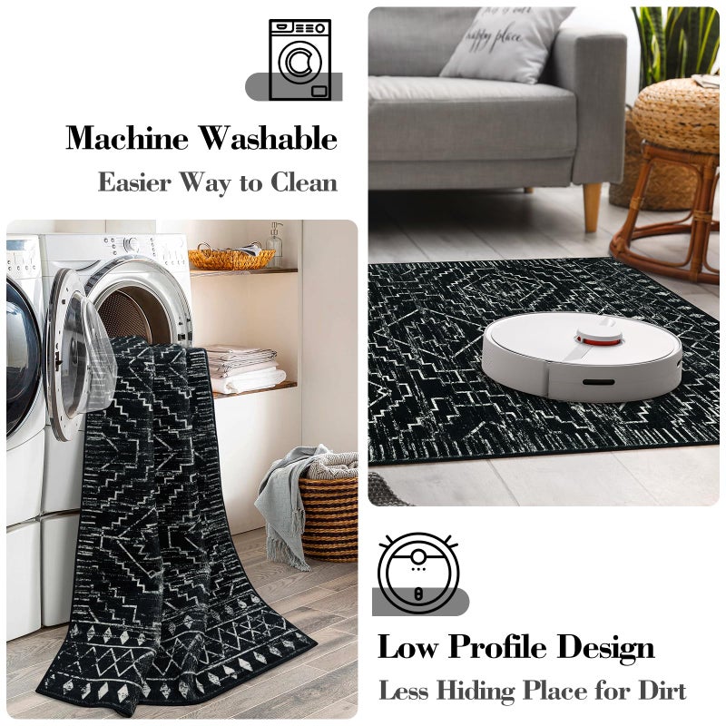 Wonnitar Wonnitar Washable Kitchen Runner Rug 2x6  Moroccan Black Runners for Hallway  Non Slip Bohemian Soft Bathroom Throw Mat Geometric Carpet Runner for Laundry Entryway Bedroom (Black 2'x6')  - Image 3