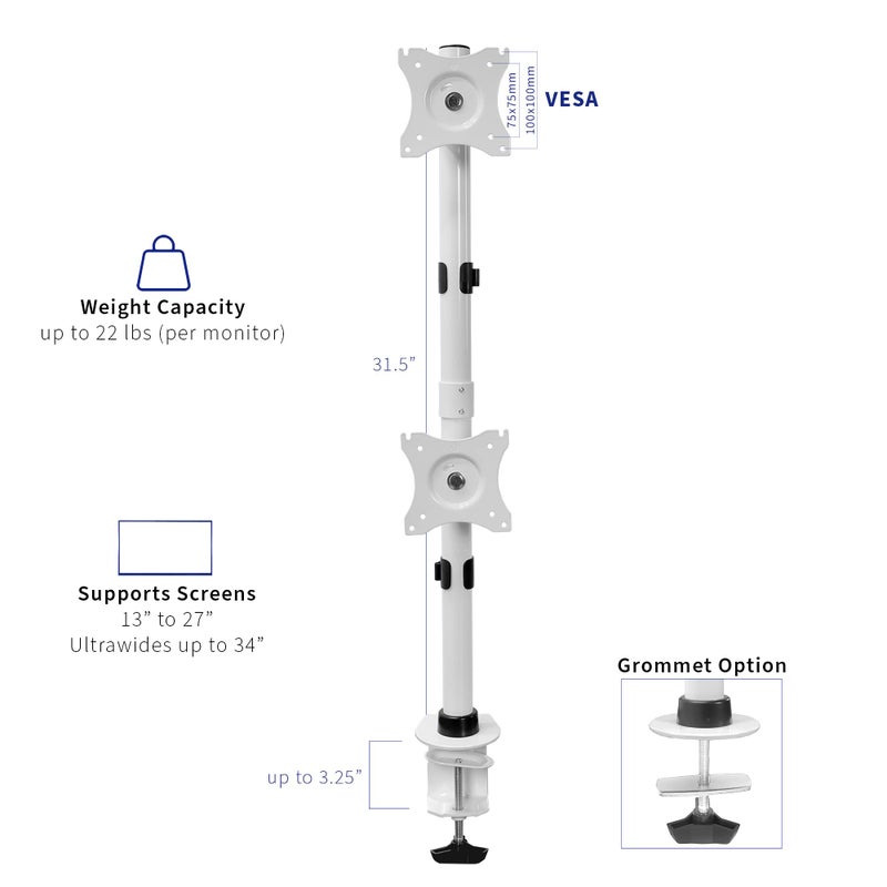 vivo حامل مكتب مزدوج للشاشات VIVO مع تعديل الارتفاع وألواح VESA لشاشتين LCD عريضتين يصل حجمها إلى 34 بوصة، مصفوفة مكدسة، STAND-V002RW - Image 2