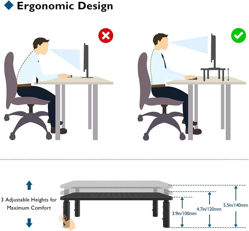 BONTEC 2 Pack 3 Height Adjustable Monitor Stand Riser with Pen Holder, Ergonomic Metal Laptop Stand with Cable Management, Desktop Stand for Computer, Printer (Black, 14.5” x 9.1”) - Image 3