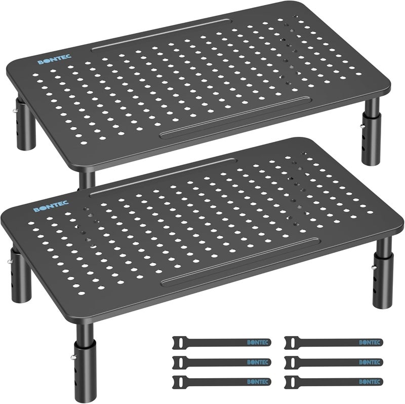 BONTEC 2 Pack 3 Height Adjustable Monitor Stand Riser with Pen Holder, Ergonomic Metal Laptop Stand with Cable Management, Desktop Stand for Computer, Printer (Black, 14.5” x 9.1”) - Image 1