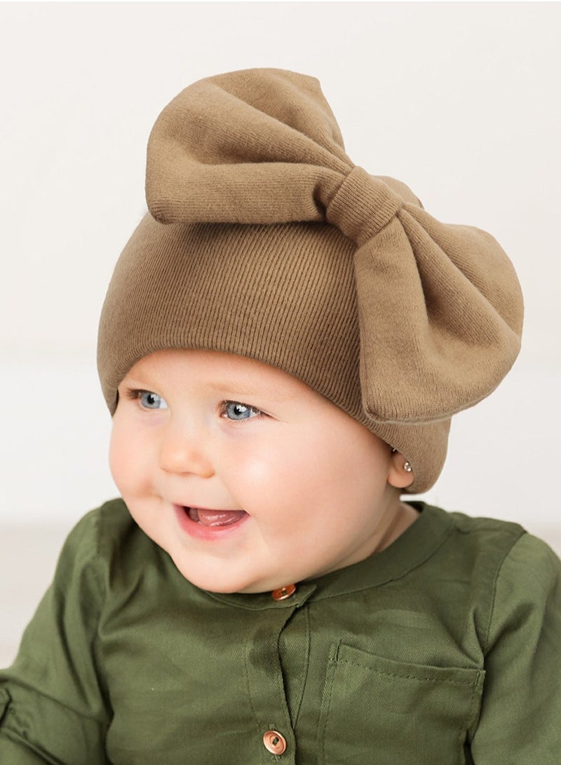 Newborn Bowtie Pullover Hat Brown  - Image 1