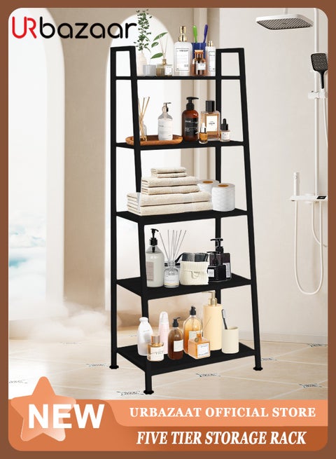 5 Tier Bookshelf,Industrial Ladder Shelf, Open Display Storage Rack, Bookcase with Metal Frame, Freestanding Storage Shelves for Home Office, Living Room, Bedroom, Kitchen