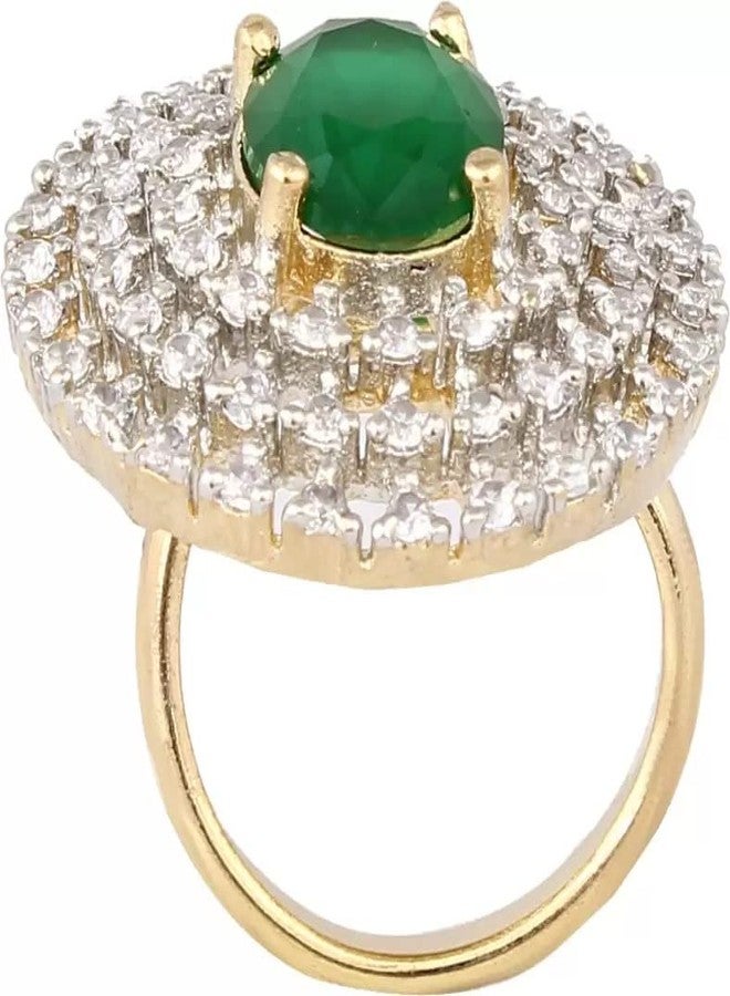 Bhumi Creation Bhumi American Diamond Green Colour Cocktail Ring For Girls & Women Copper Gold Plated Ring - Image 3