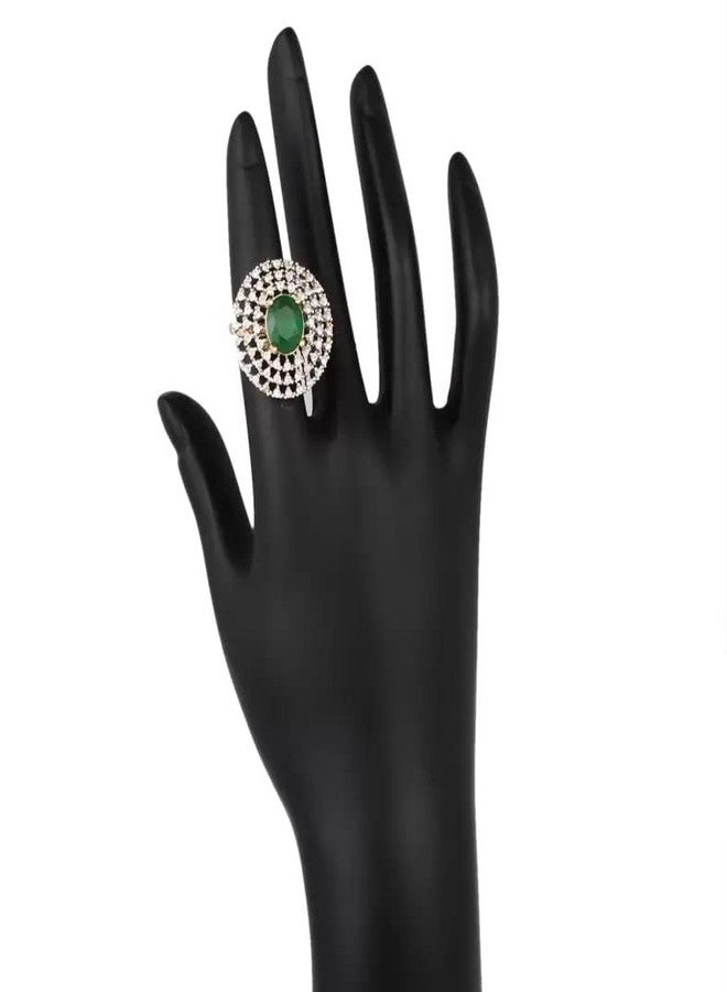 Bhumi Creation Bhumi American Diamond Green Colour Cocktail Ring For Girls & Women Copper Gold Plated Ring - Image 2