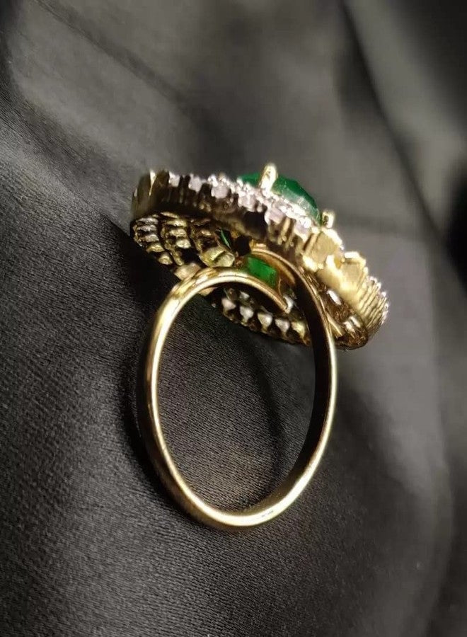 Bhumi Creation Bhumi American Diamond Green Colour Cocktail Ring For Girls & Women Copper Gold Plated Ring - Image 4