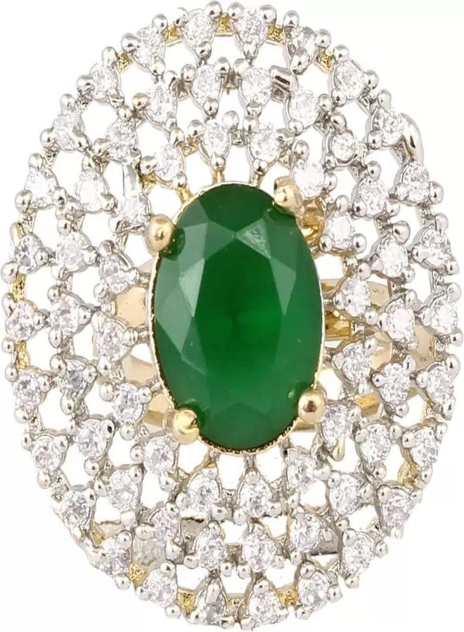 Bhumi Creation Bhumi American Diamond Green Colour Cocktail Ring For Girls & Women Copper Gold Plated Ring - Image 1