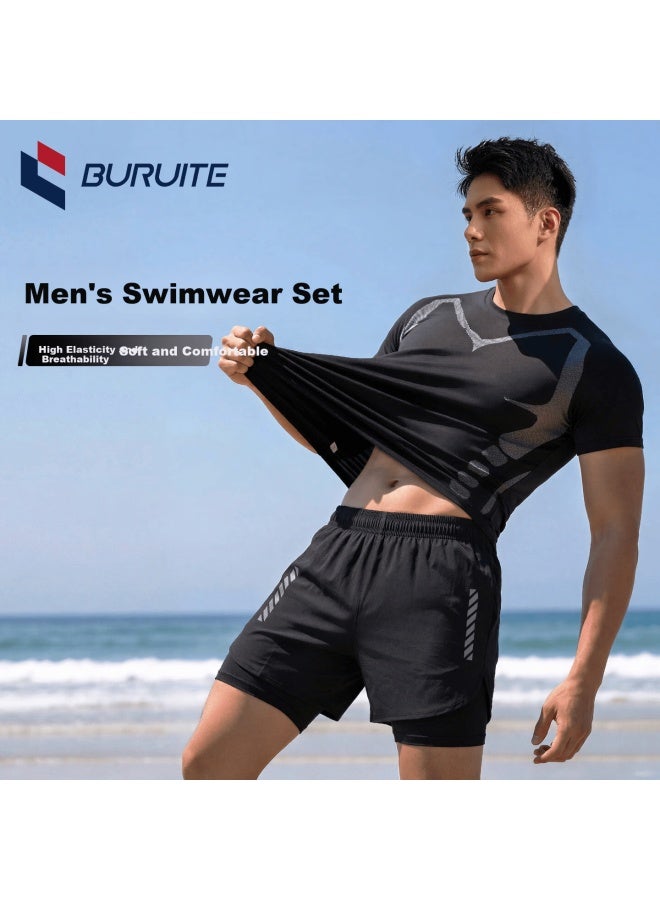 Buruite Men's Swimwear Set Swim Trunks Anti-embarrassment Boxer Briefs Summer Full-body Top Hot Spring Gear - Image 1