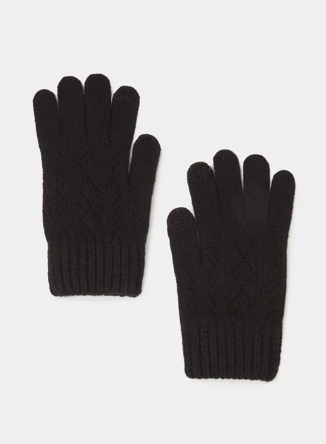 Styli Black Textured Knit Gloves