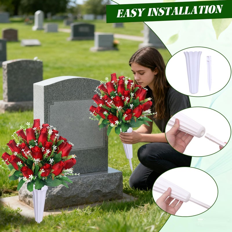 IDMOP Artificial Cemetery Flowers for Grave,2Pack Memorial Roses Bouquets with Vase for Grave Tombstone Decorations (Red) - Image 4
