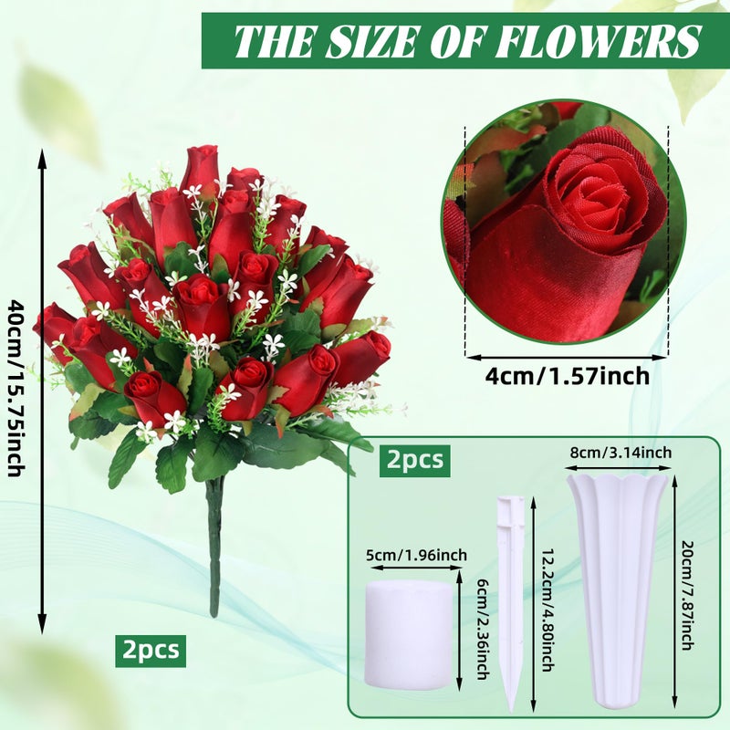 IDMOP Artificial Cemetery Flowers for Grave,2Pack Memorial Roses Bouquets with Vase for Grave Tombstone Decorations (Red) - Image 3