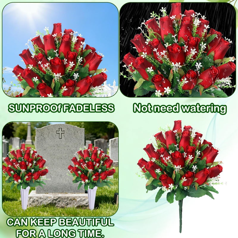 IDMOP Artificial Cemetery Flowers for Grave,2Pack Memorial Roses Bouquets with Vase for Grave Tombstone Decorations (Red) - Image 5