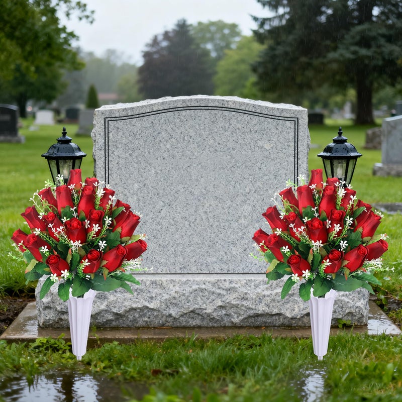 IDMOP Artificial Cemetery Flowers for Grave,2Pack Memorial Roses Bouquets with Vase for Grave Tombstone Decorations (Red) - Image 2