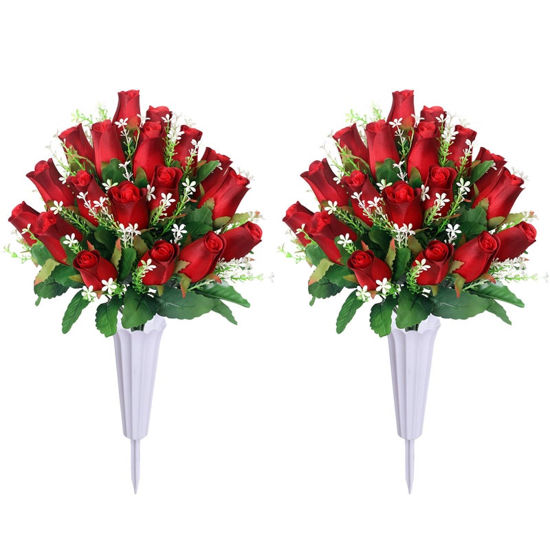 IDMOP Artificial Cemetery Flowers for Grave,2Pack Memorial Roses Bouquets with Vase for Grave Tombstone Decorations (Red) - Image 1
