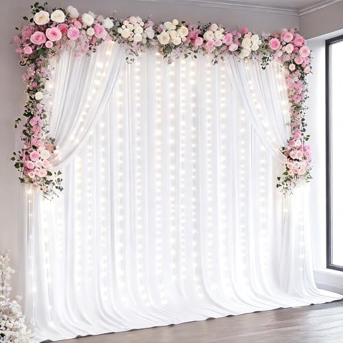PARTISKY White Backdrop Curtains with Lights for Parties,10x10FT Wrinkle Free Wedding Photo Backdrop Curatin Drapes Fabric for Baby Shower Birthday Ceremony Reception Home Party Decorations-5ft x 10ft,2 Panels - Image 1