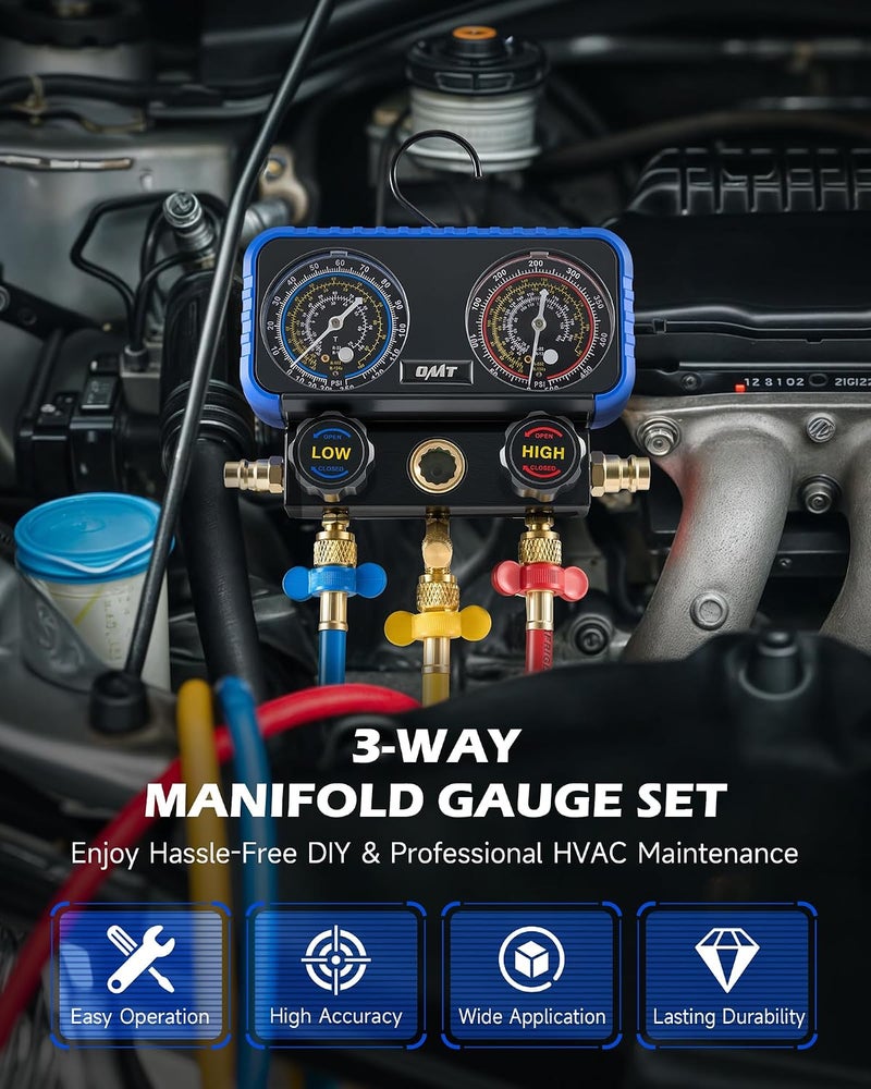 Orion Motor Tech AC Manifold Gauge Set for R134a R12 R22 R502 Refrigerants - Image 2