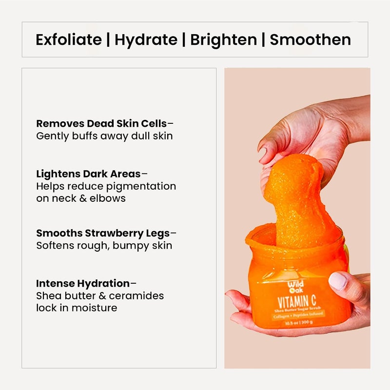 WILD OAK WildOak Vitamin C Shea Butter Sugar Scrub | 300gm | With AHA, Vegan Collagen & Peptides | Tan Removal & Smooth Skin | Removes Dead Skin | Ultra Hydrating, Exfoliating & Moisturising Sugar Body Scrub - Image 3