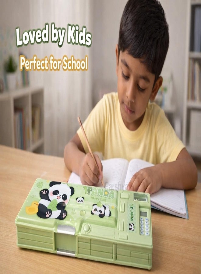 GETNAKSH All-in-One Pencil Box for Kids | Calculator, Sharpener & Writing Pad | Large Capacity Magnetic Pencil Case for School Boys & Girls (Green) (MSC Panda) - Image 5