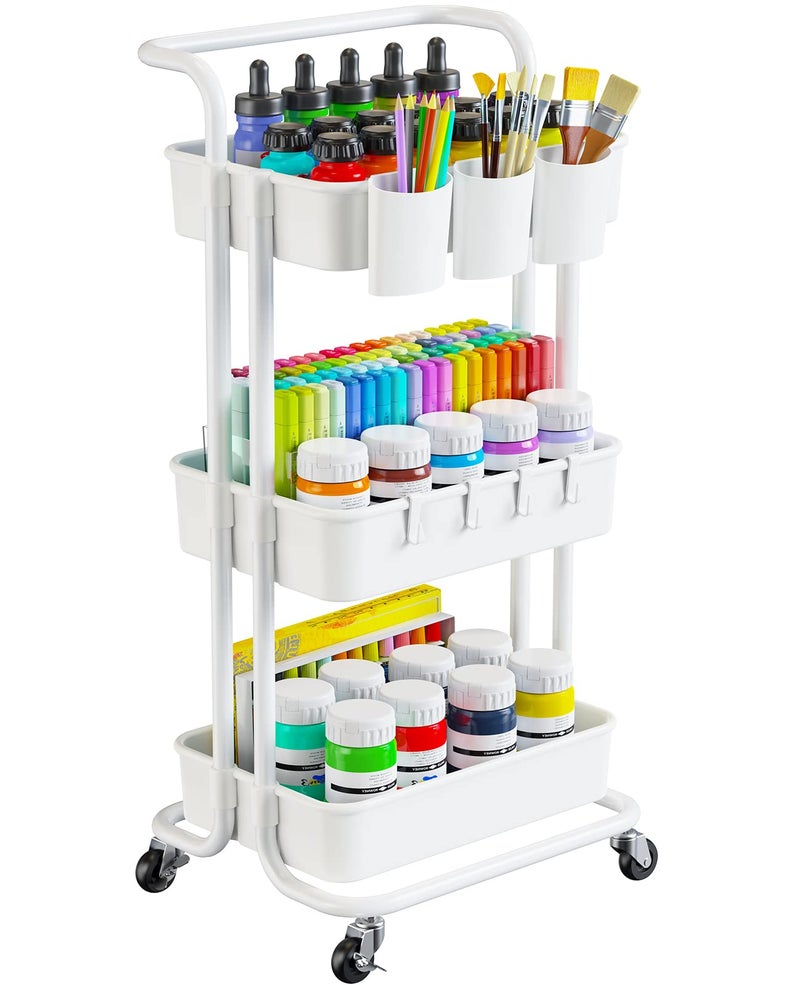 Pipishell 3 Tier Rolling Cart Art Craft Organizer Cart with Hanging Cups Hooks White Metal Storage Carts with Wheels Perfect for Craft Room Office Kitchen Bedroom Bathroom Laundry Room