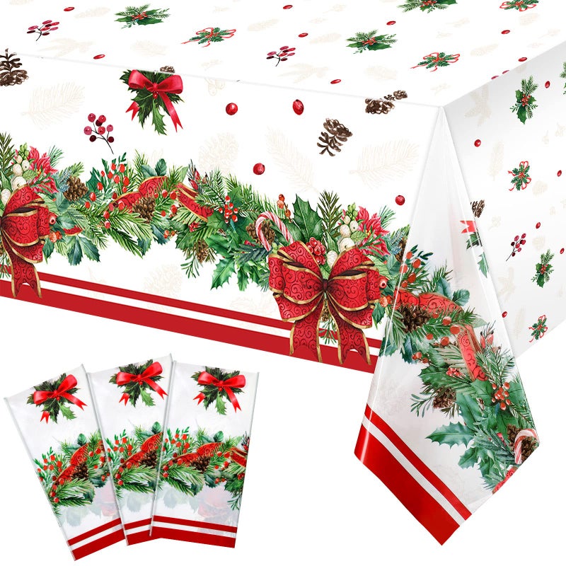 Tiamon 3Piece Plastic Tablecloths  Waterproof Disposable Rectangle Xmas Table Covers for Christmas Party Supplies