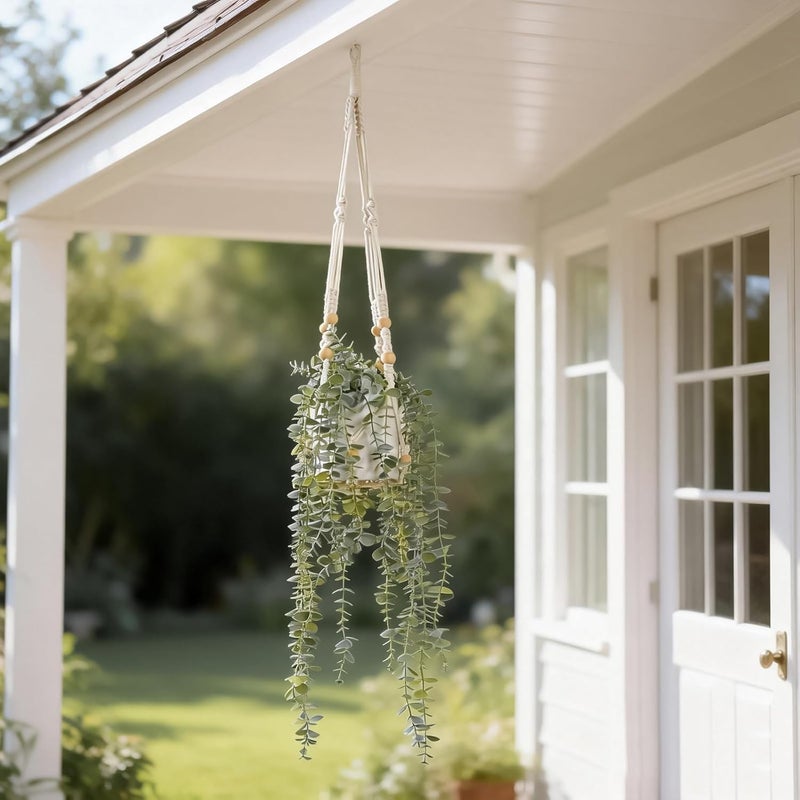BACAMA Decorative Hanging Plants for Shelf, Faux Ivy Eucalyptus Vine, Fake Greenery in White Pot with Lanyard (Full, Larger Pot) - Image 4