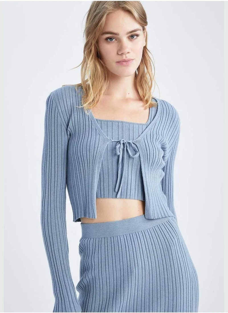 DeFacto Tie Front Long Sleeve Cropped Cardigan