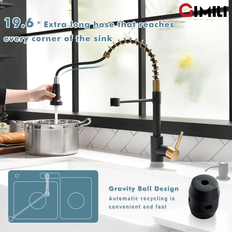 GIMILI Black and Gold Kitchen Faucet with Soap Dispenser Commercial Single Handle Spring Pull Out Kitchen Sink Faucets with Pull Down Sprayer - Image 3