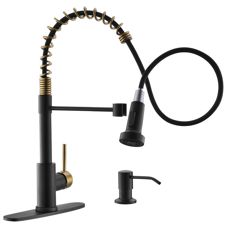 GIMILI Black and Gold Kitchen Faucet with Soap Dispenser Commercial Single Handle Spring Pull Out Kitchen Sink Faucets with Pull Down Sprayer - Image 1