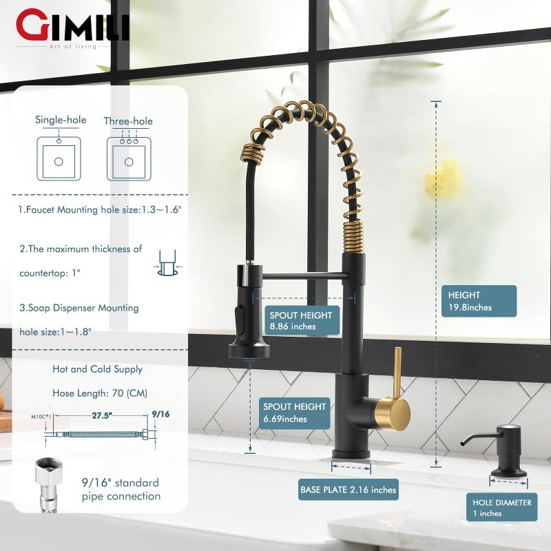 GIMILI Black and Gold Kitchen Faucet with Soap Dispenser Commercial Single Handle Spring Pull Out Kitchen Sink Faucets with Pull Down Sprayer - Image 2