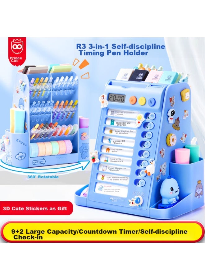 Cat Prince Maotaizi Self-discipline Check-in Rotating Pen Holder Storage Box, Large Capacity, Student Desktop Multifunctional, Children's Stationery Pen Container, Study Supplies, Quiet Blue - Image 1