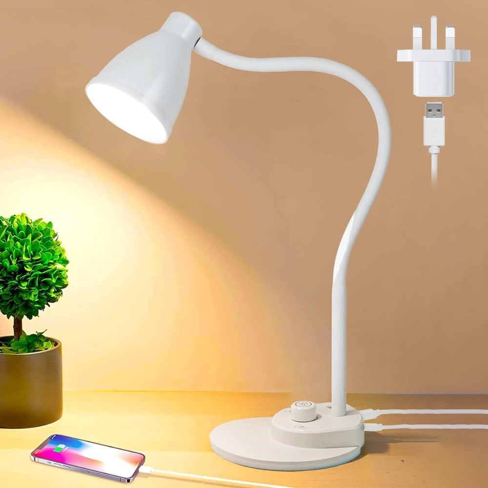 LED Desk Lamp, 3 Color Modes, Table Lamp for Bedside with USB Charging Port, Flexible Gooseneck Task Lamp Auto Dimming for Reading Study,Adapter Include