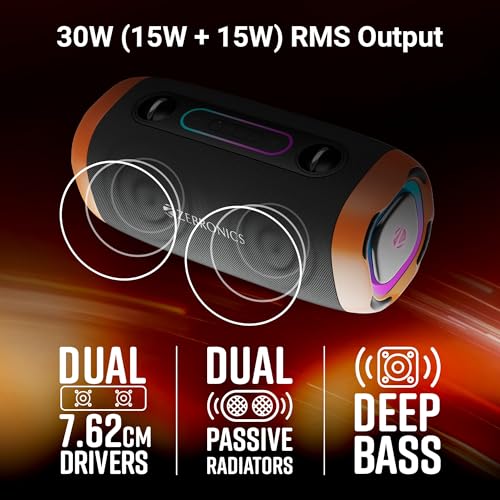 ZEBRONICS Sound Feast 85, Portable Bluetooth Speaker, 30Watts, Upto 7 Hours Playback, Dual Passive Radiator, BTv5.3 | TWS | USB, RGB LED, Call Function, Carry Strap, Deep Bass (Orange) - Image 2