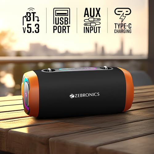 ZEBRONICS Sound Feast 85, Portable Bluetooth Speaker, 30Watts, Upto 7 Hours Playback, Dual Passive Radiator, BTv5.3 | TWS | USB, RGB LED, Call Function, Carry Strap, Deep Bass (Orange) - Image 4