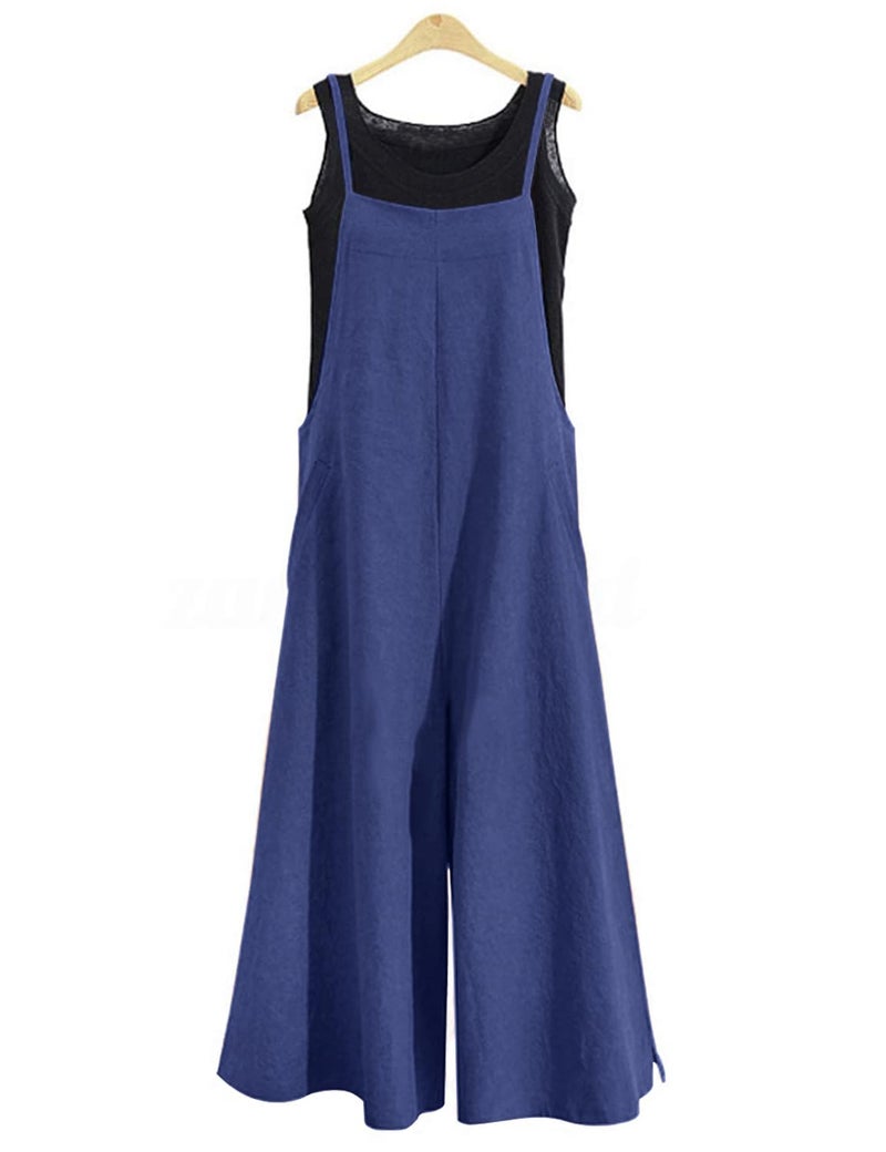 YESNO Women Casual Loose Long Bib Pants Wide Leg Jumpsuits Baggy Cotton Rompers Overalls with Pockets (M PZZTYP2 Navy Blue) - Image 2