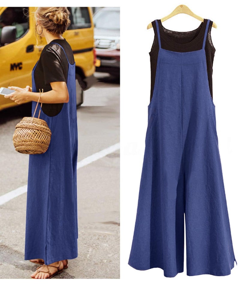 YESNO Women Casual Loose Long Bib Pants Wide Leg Jumpsuits Baggy Cotton Rompers Overalls with Pockets (M PZZTYP2 Navy Blue) - Image 3