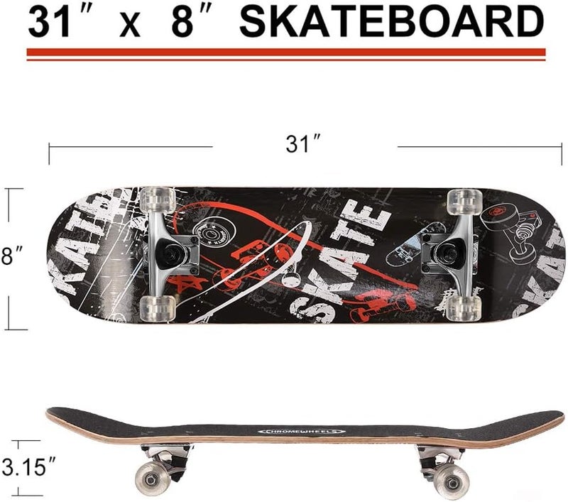 Chrome Wheels 31 inch Skateboard Double Kick Skate Board Cruiser Longboard 8 Layer Maple Deck Skateboards for Kids and Beginners - Image 5