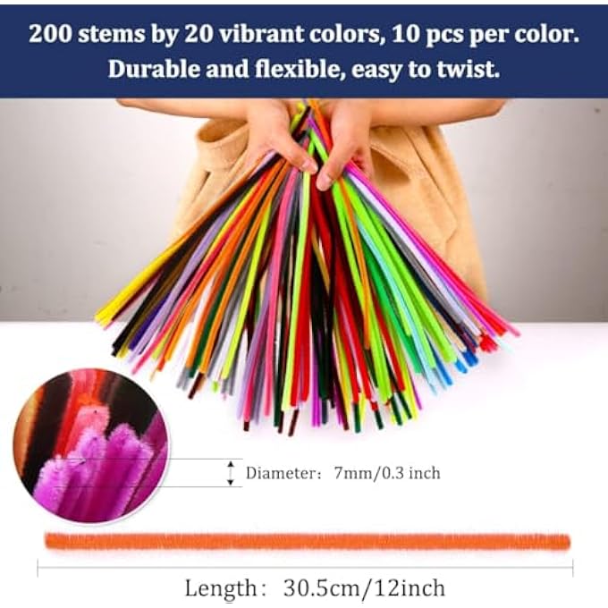 PIPE CLEANERS, 200 MULTI-COLOR CRAFT STEMS RANDOMLY SELECTED FOR ARTS AND CRAFTS PROJECTS, SOFT FLEXIBLE AND BENDABLE, PERFECT FOR DIY CRAFTS SCHOOL ART SUPPLIES AND CREATIVE PROJECTS - Image 3